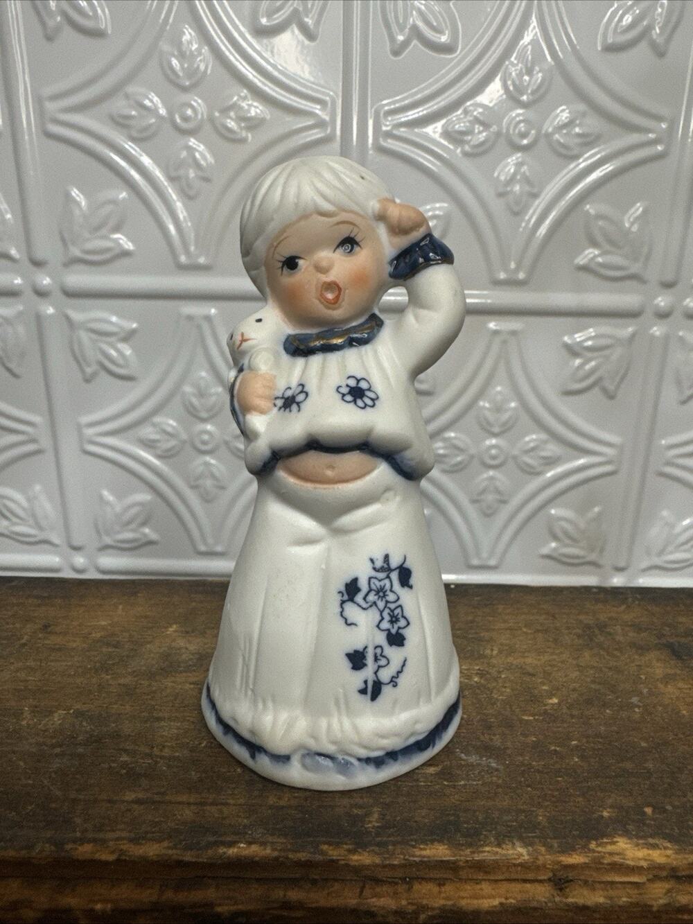 Vintage Jasco Porcelain Blue and White Doll Bell Girl in Pajama with bunny